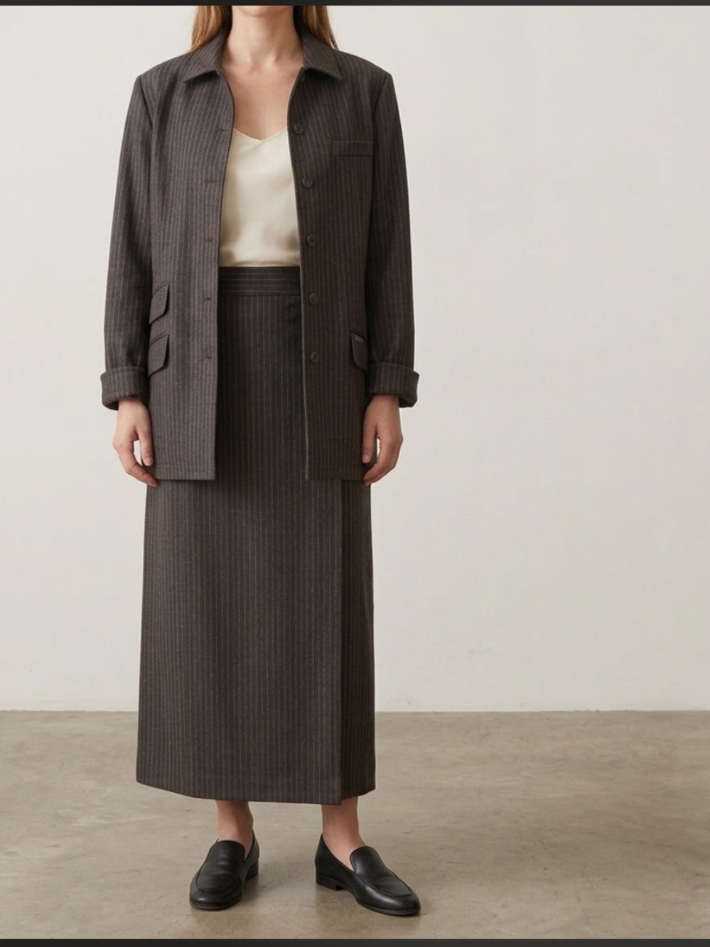 Faconnable Womens XL Suit Set 100% Wool Pinstripe Jacket Maxi Skirt French Chic